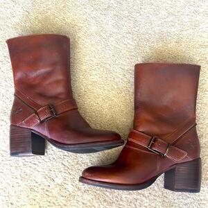 Patricia Nash Lombardy Brown Leather Buckle Zipper Chunky Heel Mid Boot